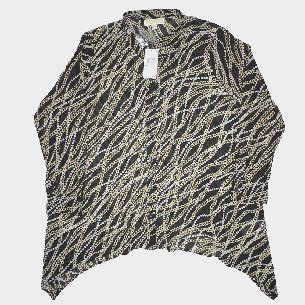 Michael Kors Womens 1X Blouse Black Gold Chain Pearl Print Sharkbite Baroque NWT